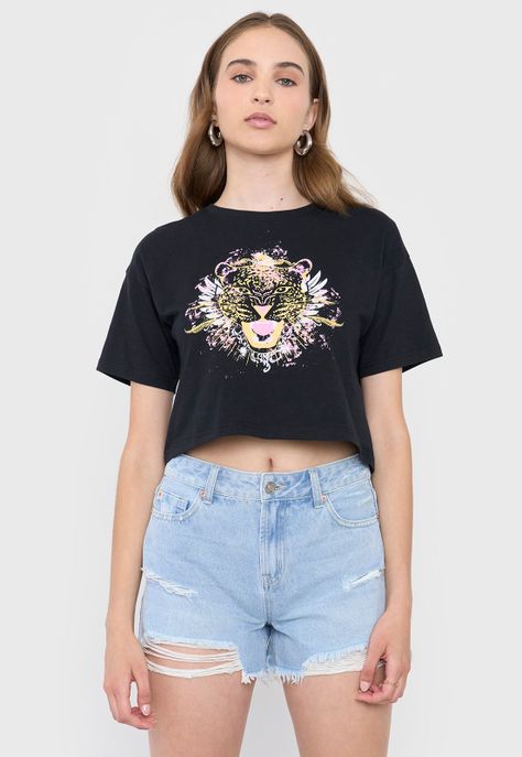 Polera Mujer Crop Print Fun Manga Corta Negro Corona-0