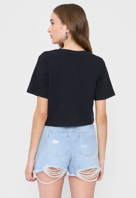 Polera Mujer Crop Print Fun Manga Corta Negro Corona-1