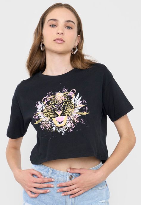 Polera Mujer Crop Print Fun Manga Corta Negro Corona-2