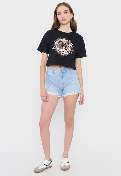 Polera Mujer Crop Print Fun Manga Corta Negro Corona-3