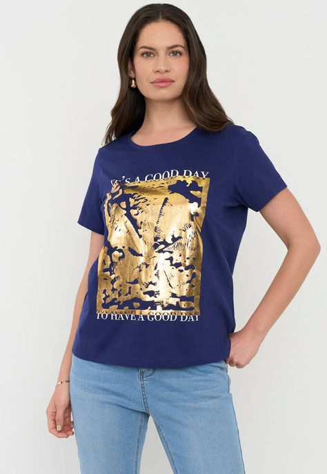 Polera Mujer M/C Focal Print Azul Royal Corona-0