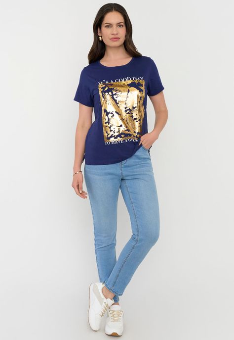 Polera Mujer M/C Focal Print Azul Royal Corona-3
