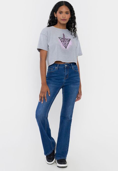 Polera Mujer Fun Manga Corta Crop Gris Claro Corona-3