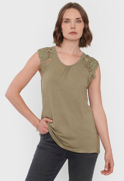Polera Mujer Hombros Macramé Verde Corona-0