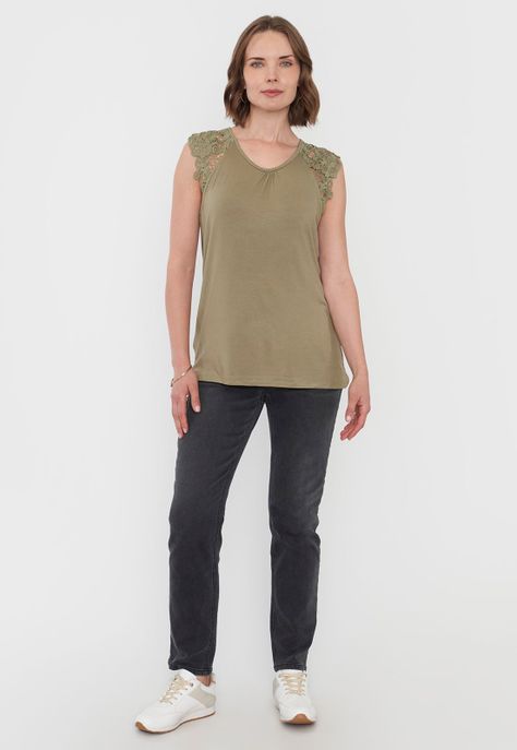 Polera Mujer Hombros Macramé Verde Corona-3
