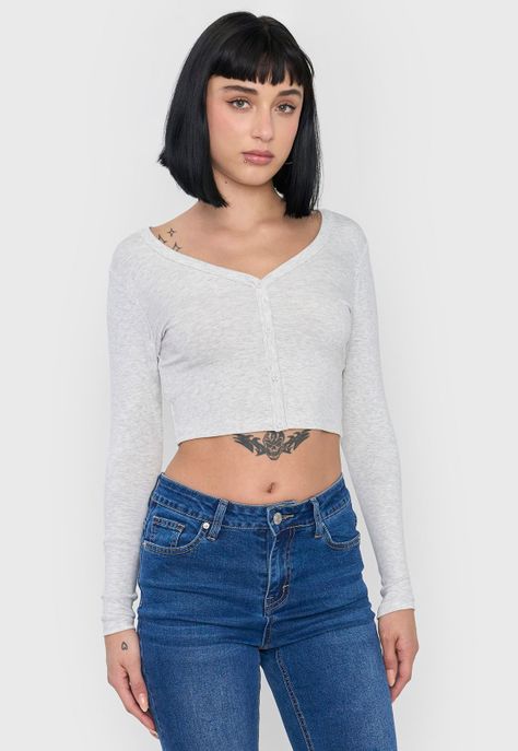 Polera Mujer Manga Larga Broches Gris Corona-0
