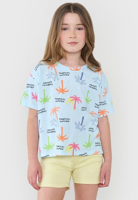 Polera Niña Kids Manga Corta Full Crop Celeste Corona-0