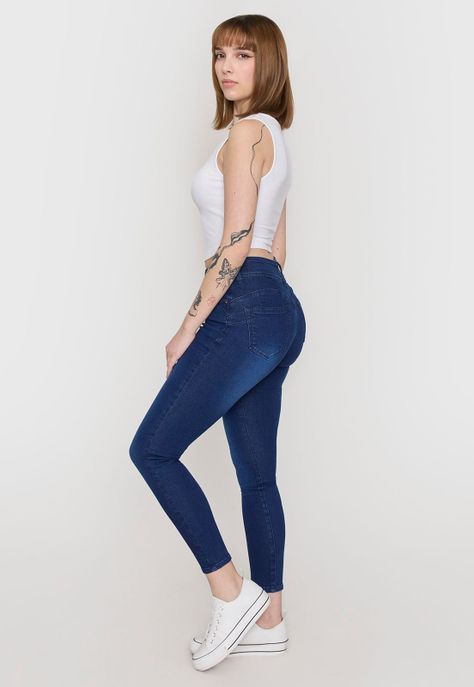 Jeans Mujer High Waist 2 Botones Azul Oscuro Corona-3