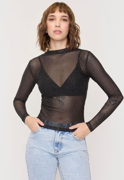Polera Mujer M/L Cuello Moc Brillos Negro/Silver Corona-0