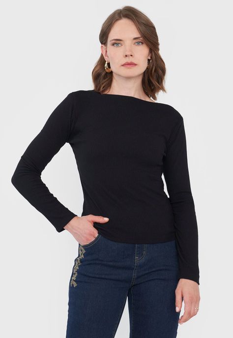Polera Mujer Manga Larga Negro Rib Corona-0