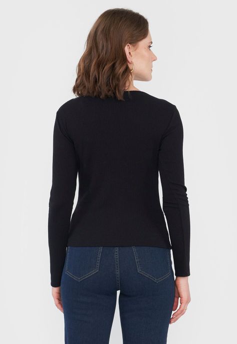 Polera Mujer Manga Larga Negro Rib Corona-1
