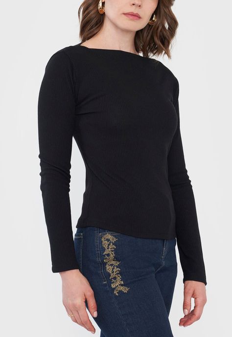 Polera Mujer Manga Larga Negro Rib Corona-2