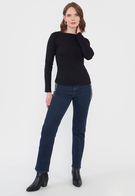 Polera Mujer Manga Larga Negro Rib Corona-3