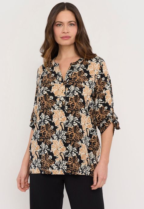 Blusa Mujer Cuello Mao Negro Print Flores Corona-1