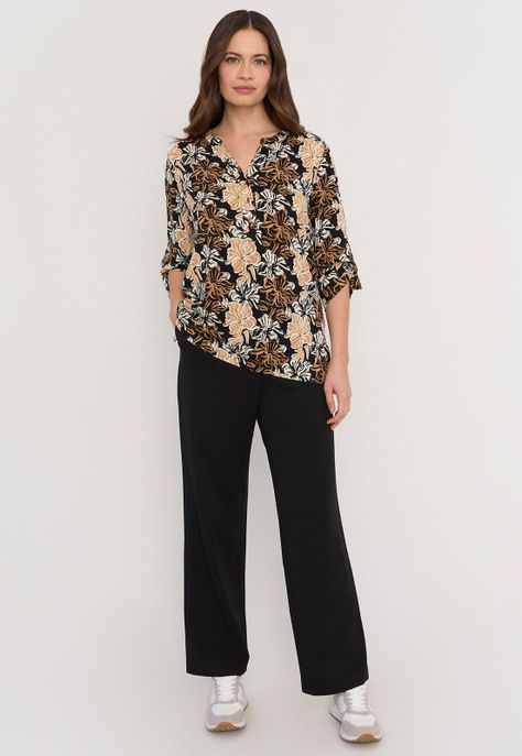 Blusa Mujer Cuello Mao Negro Print Flores Corona-3