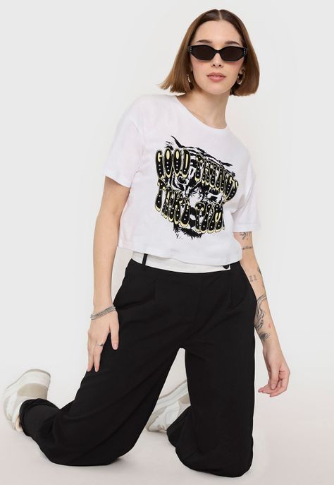 Polera Mujer Fun Manga Corta Crop Blanco Animal Corona-0