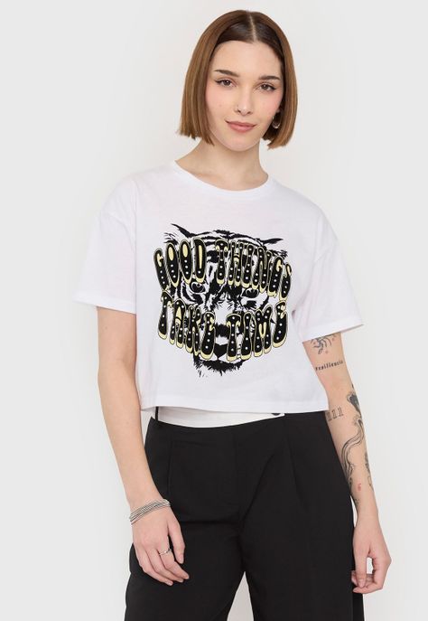 Polera Mujer Fun Manga Corta Crop Blanco Animal Corona-1
