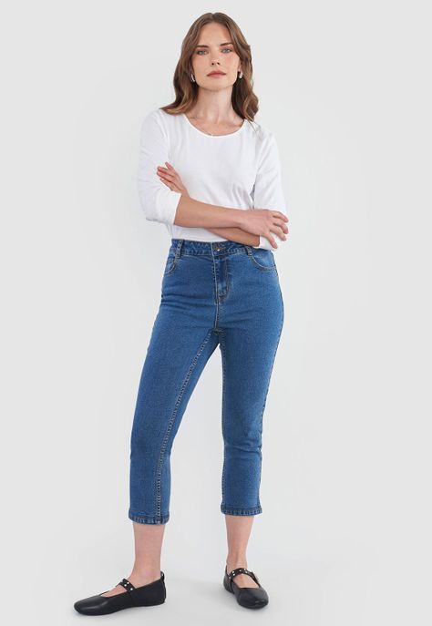 Jeans Mujer Pescador Straight Fit Azul Medio Corona-0