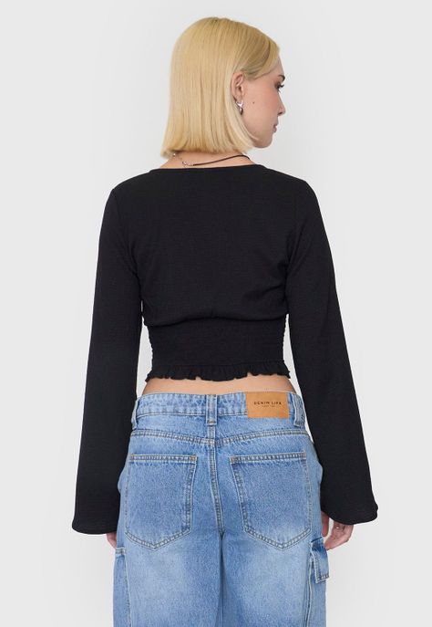 Blusa Mujer Manga Larga Campana Negro Corona-1