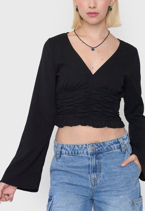 Blusa Mujer Manga Larga Campana Negro Corona-2