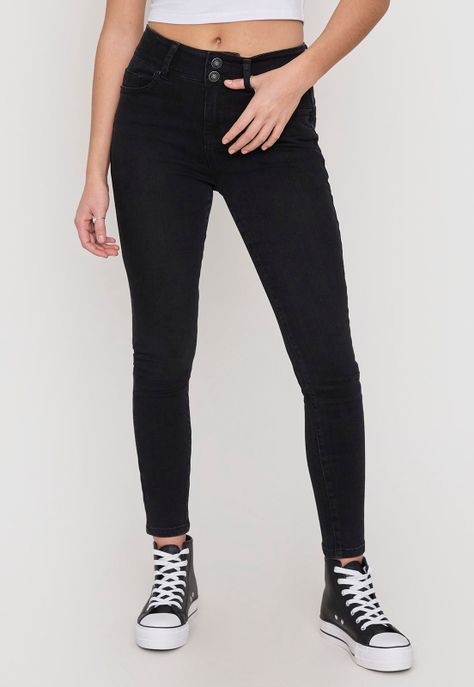 Jeans Mujer High Waist 2 Botones Negro Corona-1