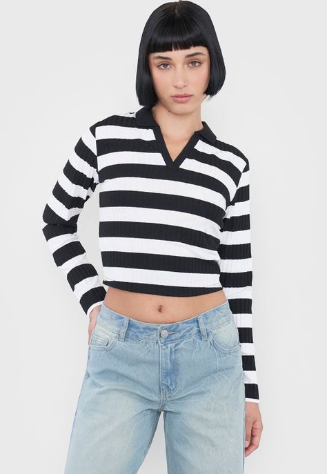 Polera Muje Manga Larga Cuello Polo Negro Rayas Corona-0