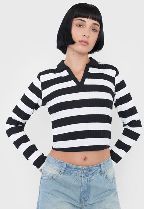 Polera Muje Manga Larga Cuello Polo Negro Rayas Corona-2