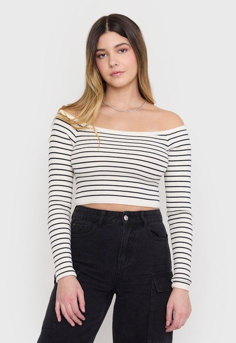 Sweater Mujer Rayado Off Shoulder Blanco Rayas Corona-0