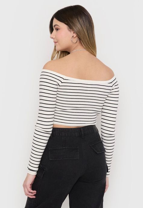 Sweater Mujer Rayado Off Shoulder Blanco Rayas Corona-1