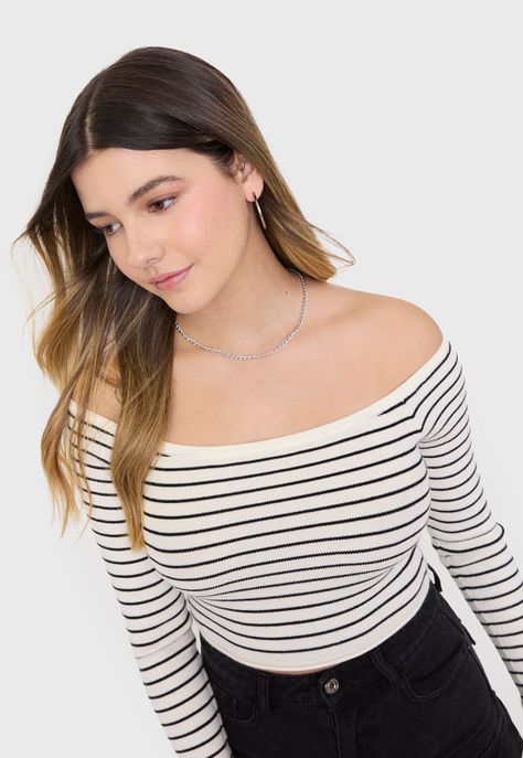 Sweater Mujer Rayado Off Shoulder Blanco Rayas Corona-2
