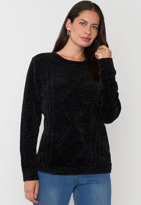 Sweater Mujer Chenille Trenzado Negro Corona-0