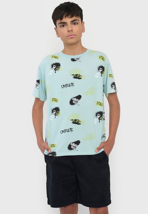 Polera Niño Teen Manga Corta Full Texto Aqua Corona-0
