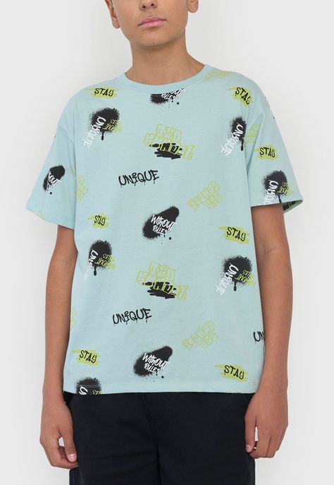 Polera Niño Teen Manga Corta Full Texto Aqua Corona-2