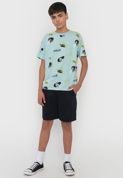 Polera Niño Teen Manga Corta Full Texto Aqua Corona-3