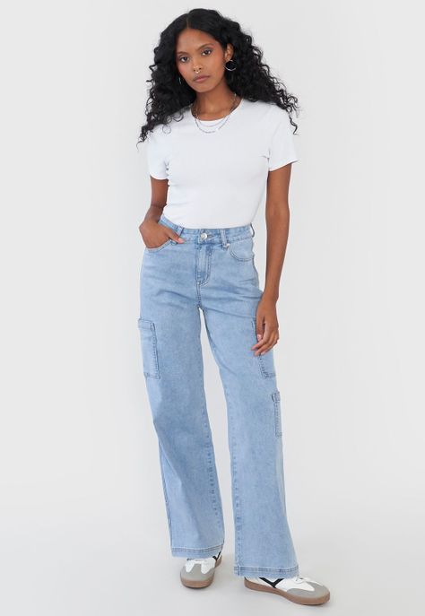 Jeans Mujer Cargo Azul Claro Straight Fit Corona-0