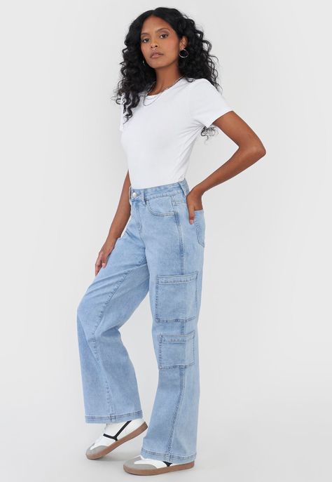 Jeans Mujer Cargo Azul Claro Straight Fit Corona-3