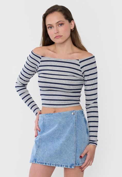 Polera Mujer Sin Hombros M/L Rayas Gris Corona-0