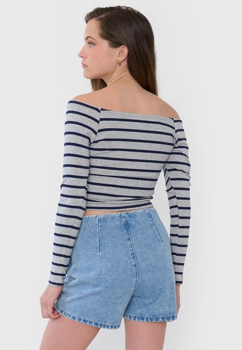 Polera Mujer Sin Hombros M/L Rayas Gris Corona-1