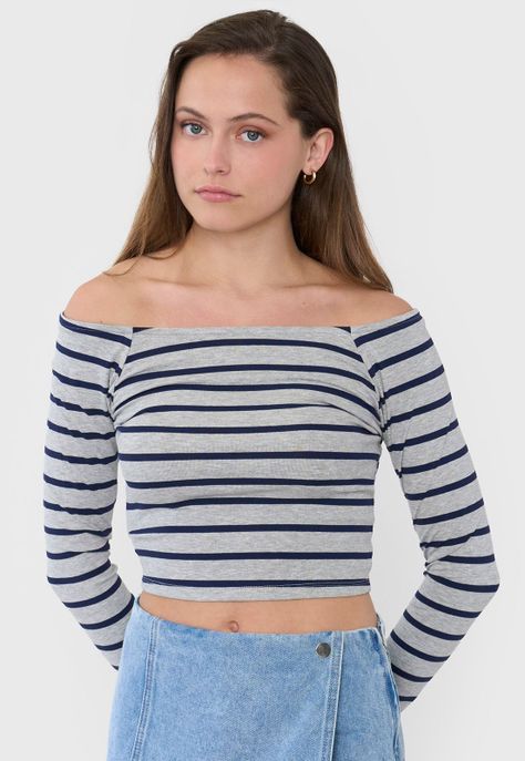 Polera Mujer Sin Hombros M/L Rayas Gris Corona-2