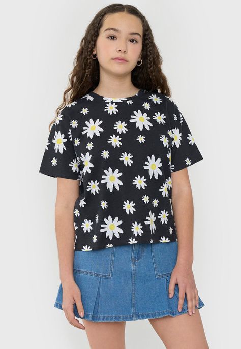 Polera Niña Teen Manga Corta Full Negro Corona-0