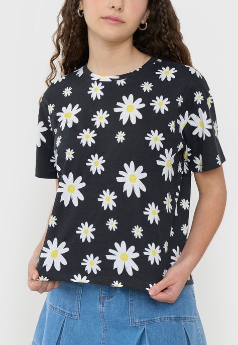 Polera Niña Teen Manga Corta Full Negro Corona-2