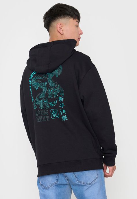 Polerón Hombre Hood Print Asiático Color Negro Corona-1