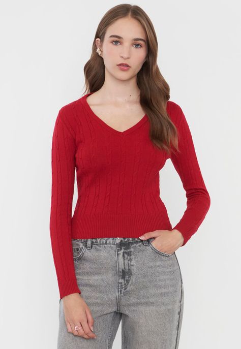 Sweater Mujer Cuello V Slim Rojo Corona-0
