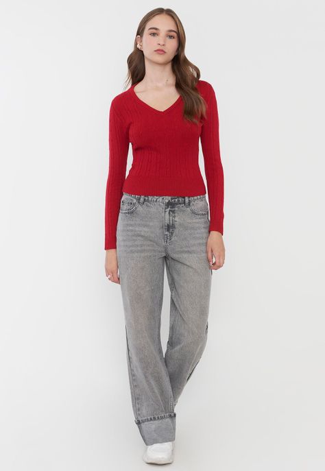 Sweater Mujer Cuello V Slim Rojo Corona-3
