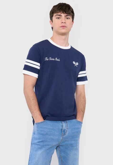 Polera Hombre Slim College Azul Corona-0