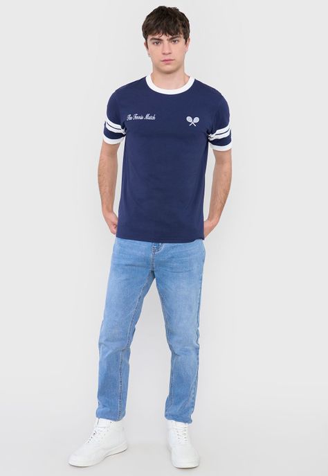 Polera Hombre Slim College Azul Corona-3