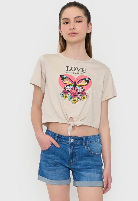 Polera Niña Teen Manga Corta Fun Nudo Beige Corona-0