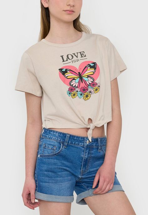 Polera Niña Teen Manga Corta Fun Nudo Beige Corona-2
