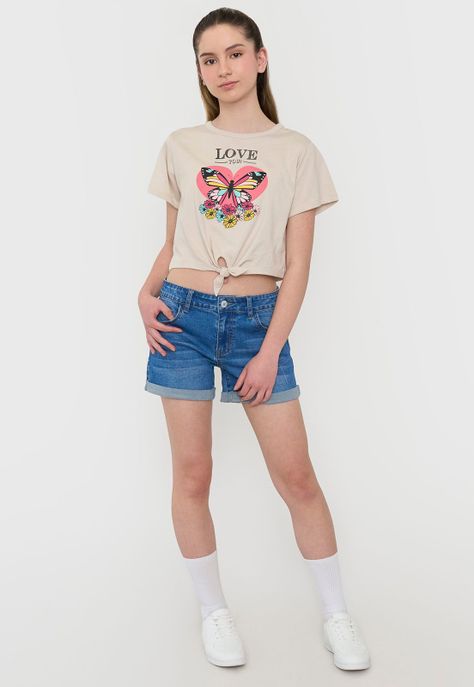 Polera Niña Teen Manga Corta Fun Nudo Beige Corona-3
