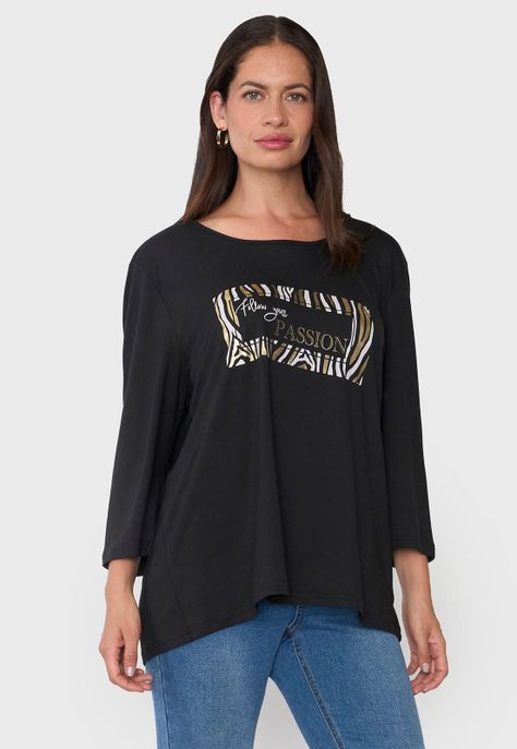 Polera Mujer Manga 3/4 Focal Print Negro Corona-0